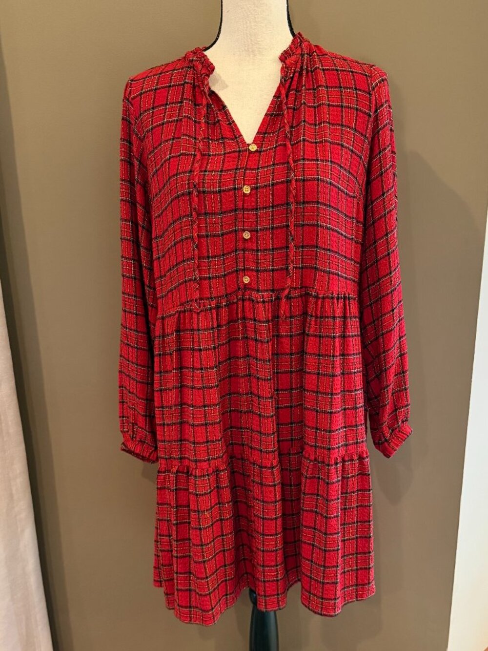 Loft Mini Plaid Tiered Metallic red Black Gold Dress Country Boho, Size Medium